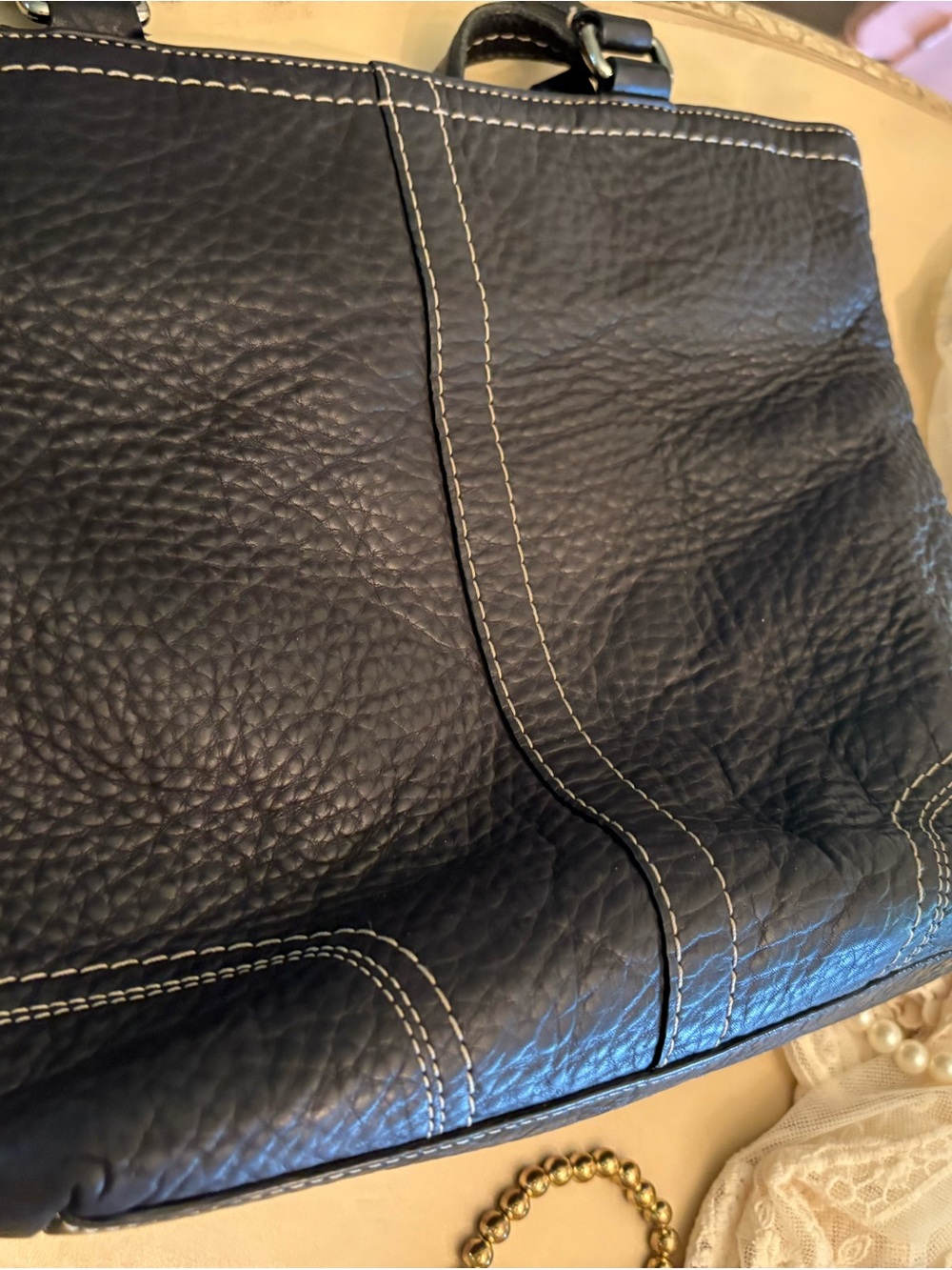 Coach Black Leather Shoulder Tote with Contrast Stitching - Picture 8 of 11
